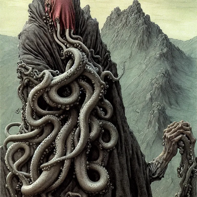 Prompt: A detailed gray-eyed tentacleheaded human stands among the mountains with a pebble in hands. Wearing a ripped mantle, robe. Extremely high details, realistic, fantasy art, solo, masterpiece, art by Zdzisław Beksiński, Arthur Rackham, Dariusz Zawadzki