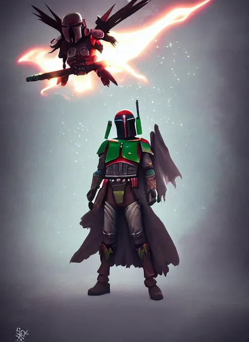 Image similar to arcane wizard x boba fett, fantasy inspired boba fett as a wizard in a scenic environment, 3 d digital art, character mashup, epic volumetric lighting, combination art, photorealistic, sharp focus, aesthetic, inspired by studio ghibli