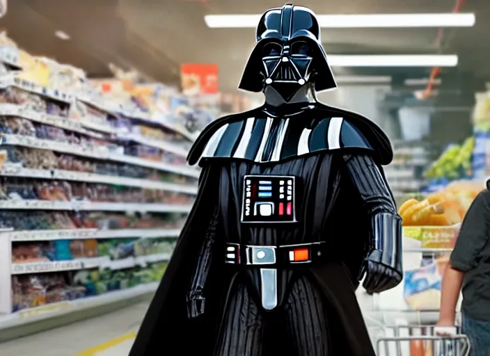 Image similar to film still of Darth Vader goes grocery shopping in the new Star Wars movie, 4k