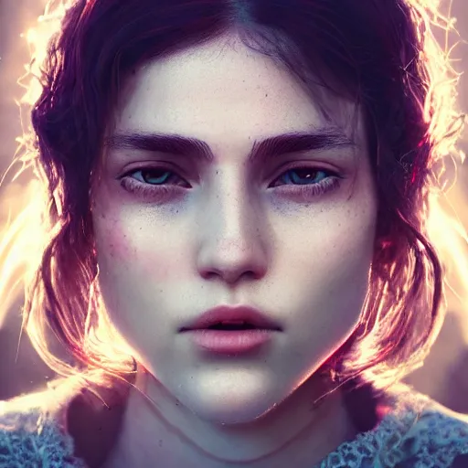 Image similar to portrait art of female angel by alessio albi 8 k ultra realistic, lens flare, atmosphere, glow, detailed, intricate, full of colour, cinematic lighting, trending on artstation, 4 k, hyperrealistic, focused, extreme details, unreal engine 5, cinematic, masterpiece