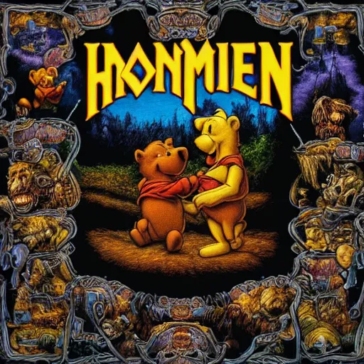 Image similar to winnie the poo on iron maiden album cover, 8 k resolution hyperdetailed photorealism