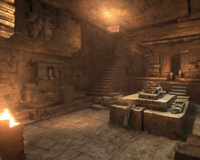 Image similar to screenshot of tomb raider and uncharted and indiana jones videogame ps 5 in an ancient undiscovered room with a chest full of ingots and gems and precious, concept art, architecture design, pyramids style, rtx, nvidia, renderer, stunning graphics