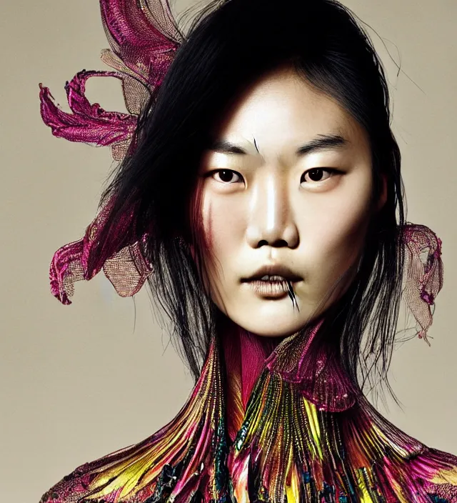Image similar to face portrait of liu wen. great hair style, half in shadow, natural pose, natural lighing, rim lighting, wearing ornate stunning cloth created by iris van herpen, with a colorfull makeup, highly detailed, skin grain detail, photography by paolo roversi