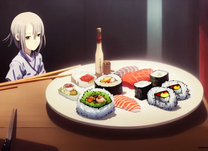 Prompt: a film still portrait of a plate with different kinds of sushi, finely detailed features, closeup at the food, perfect art, at a dinner table, gapmoe yandere grimdark, trending on pixiv fanbox, painted by greg rutkowski makoto shinkai takashi takeuchi studio ghibli, akihiko yoshida