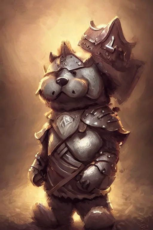 Image similar to cute little anthropomorphic bear knight wearing a cape and a crown, tiny, small, miniature bear, baby animal, short, pale blue armor, cute and adorable, pretty, beautiful, DnD character art portrait, matte fantasy painting, DeviantArt Artstation, by Jason Felix by Steve Argyle by Tyler Jacobson by Peter Mohrbacher, cinematic lighting