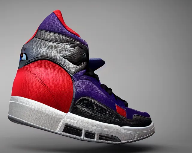 Prompt: 3D render of mid height air jordan sneakers the joker design, cinematic, studio lighting, award winning, highly detailed