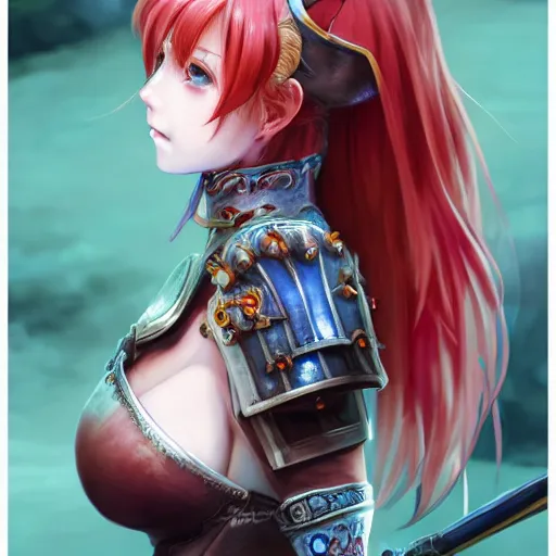 Prompt: a red haired female knight as an absurdly beautiful, elegant, young sensual anime girl, blue background, ultrafine hyperrealistic detailed face illustration by kim jung gi, irakli nadar, intricate linework, sharp focus, bright colors, matte, octopath traveler, final fantasy, unreal engine highly rendered, global illumination, radiant light, intricate environment