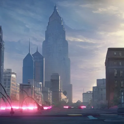 Image similar to giant alien tripods destroying philadelphia with heat rays, artstation, volumetric lighting