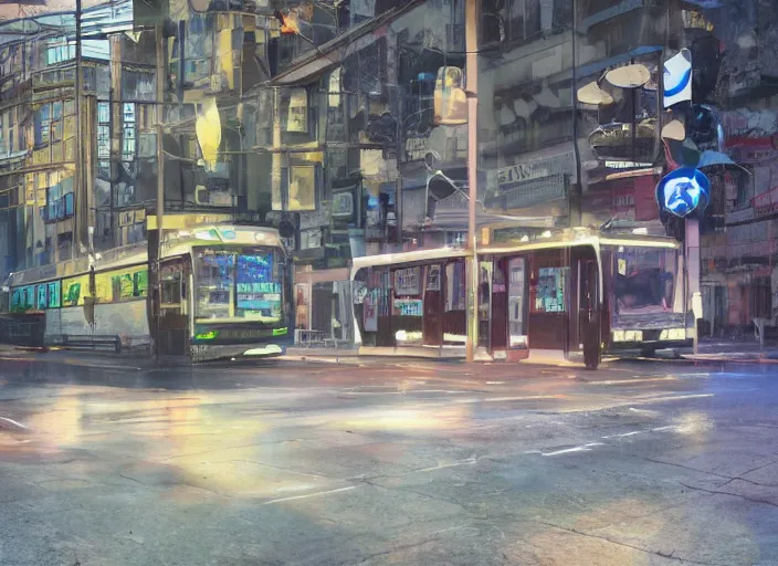 Image similar to trolleybus stands at a stop, headlights shine with neon light, atmospheric, futuristic, cyberpunk, ray tracing global illumination, 8 k resolution, ultra detailed