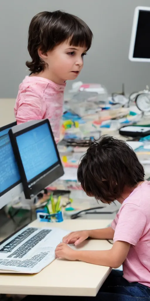 Image similar to illustration, a child sitting in front of a computer learning to program.