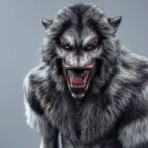 Image similar to man transforming into a werewolf with grey realistic fur, high detail, hyper realism, octane render, 8 k