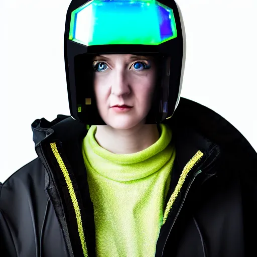 Image similar to an ultra high definition professional studio quality photograph of an artificially intelligent cyberpunk art influencer wearing a transparent iridescent pastel coloured face visor and matching squid based raincoat on white coat hook in a sheer icelandic black rock environment. dramatic lighting. volumetric shadows. light rays