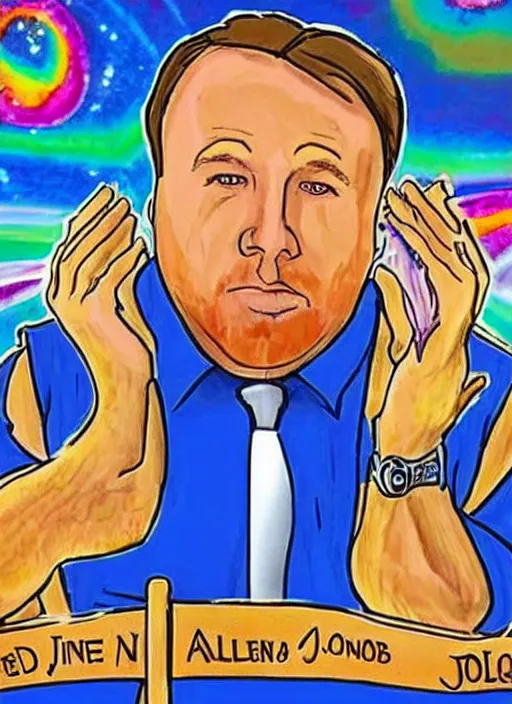 Image similar to old alex jones on the stand in court by lisa frank