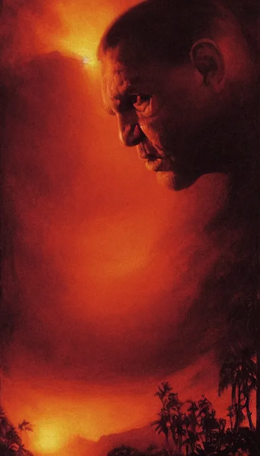 Prompt: harvey weinstein's face close up on the apocalypse now poster, red sunset, snake river in the jungle, black helicopters, air brush, oil paint, radiant light, caustics, heroic, bright iridescent light, by gaston bussiere, by bayard wu, by greg rutkowski, by maxim verehin