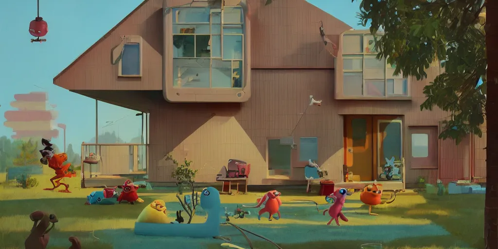 Prompt: cute muppets in mid century modern house by Goro Fujita and Simon Stalenhag , 8k, trending on artstation, hyper detailed, cinematic