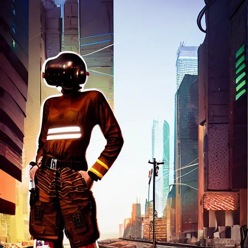 Image similar to a fashion model in helmet, creative, brown skin, digital art, photo manipulation, artstation, standing, cyberpunk, giant, street, duck shoes, up there, photoshop, people