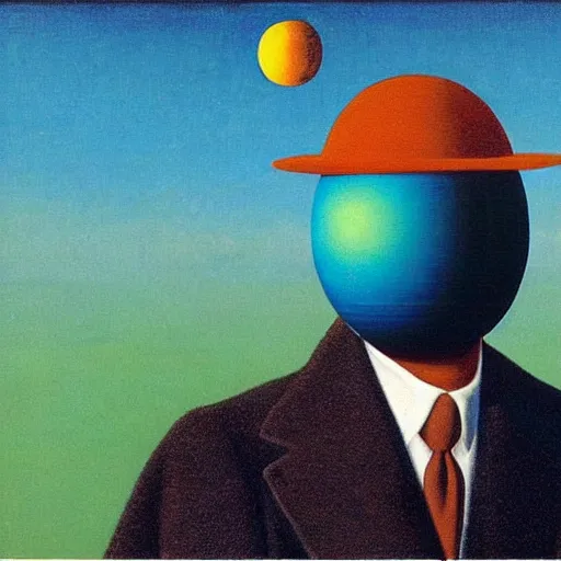 Image similar to a portrait of a well dressed business man, the planet saturn is superimposed over his face!!!, art by Rene Magritte