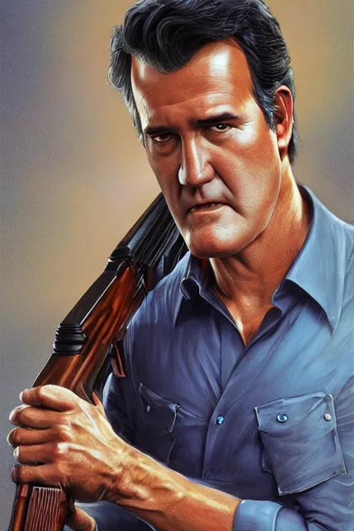 Image similar to Bruce Campbell in a blue bloody shirt with a double-barreled shotgun on his shoulder, the inscription Ash is gaining neck on top, innocent, intricate, elegant, highly detailed, digital painting, artstation, concept art, smooth, sharp focus, illustration, art by artgerm and greg rutkowski and alphonse mucha