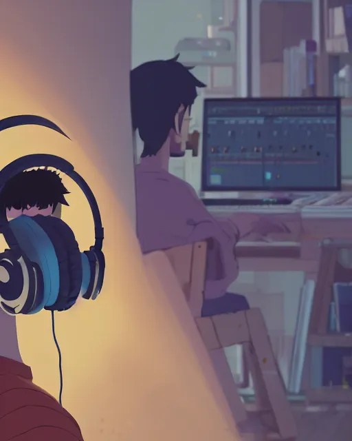 Prompt: man with headphones at his home studio producing music late at night, very detailed, 4 k, cory loftis, james gilleard, atey ghailan, makoto shinkai, goro fujita, studio ghibli, rim light, exquisite lighting, clear focus, very coherent