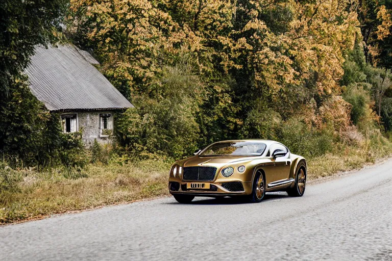 Image similar to Bentley Continental GT in shiny gold film drives along old Russian village road with houses houses around the edges