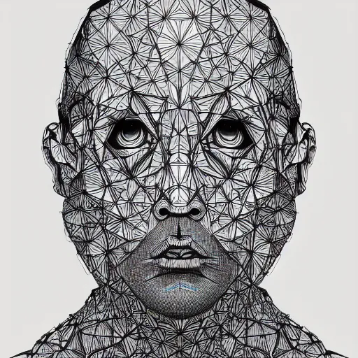 Image similar to Geometrically surreal Artificial Intelligence monk, high detail, photorealistic, intricate line drawings, dotart, album art in the style of James Jean