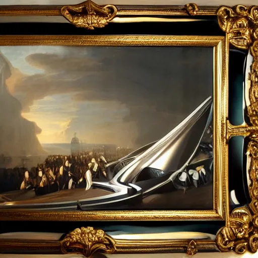 Image similar to oblivion film transport design zaha hadid forms car and wall structure in middle of the coronation of napoleon painting by Jacques-Louis David black ceramic material shiny gloss water reflections search pinterest keyshot product render 4k