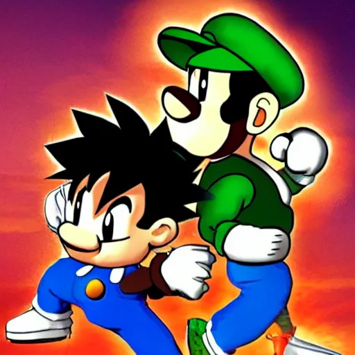 Image similar to luigi and son goku fighting, intense fight, epic lighting