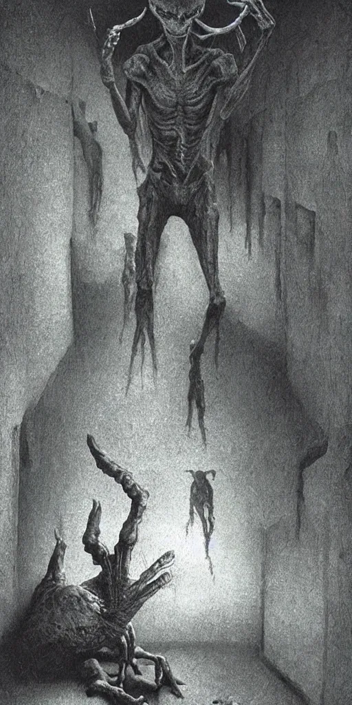 Prompt: demonic alien with long fingers at the foot of the bed in a dark room, tombstones, cows, Beksinski