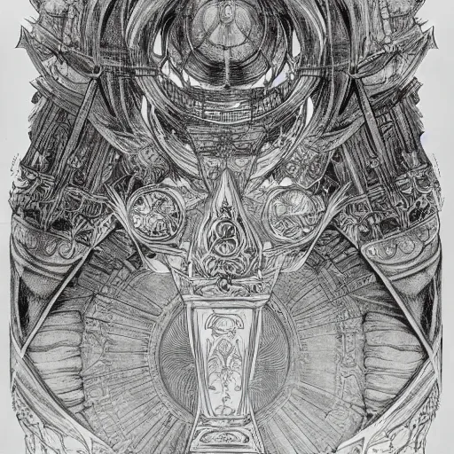 Image similar to highly detailed perspective magic sword drawing black and white goetic pen and ink concept design by hiroya oku!! mucha sword concept art design still life