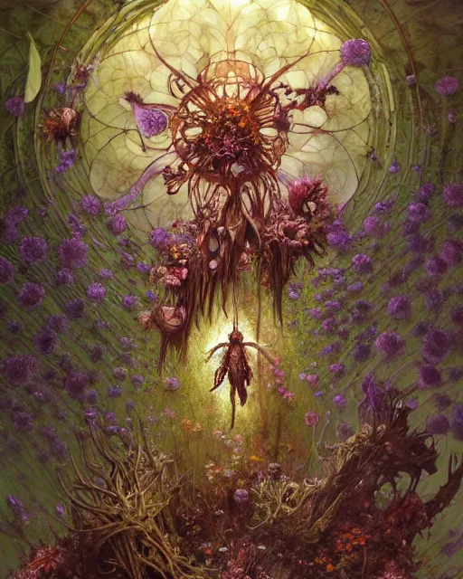 Image similar to the platonic ideal of flowers, rotting, insects and praying of cletus kasady carnage davinci dementor wild hunt chtulu mandelbulb mandala ponyo heavy rain the witcher, d & d, fantasy, ego death, decay, dmt, psilocybin, concept art by randy vargas and greg rutkowski and ruan jia and alphonse mucha