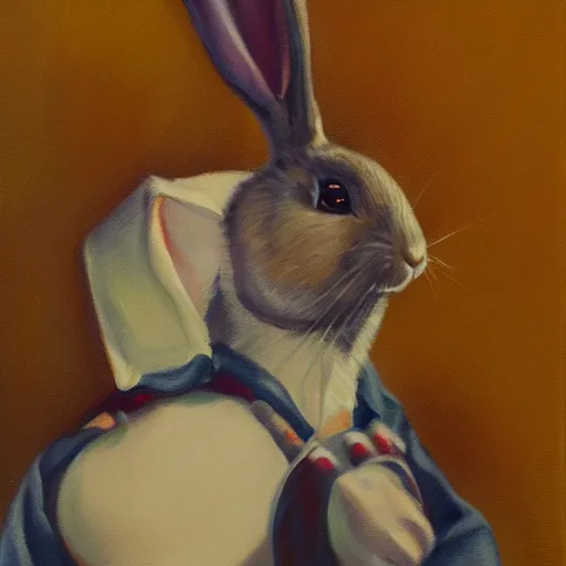 Prompt: rabbit swordman, brush strokes, oil painting