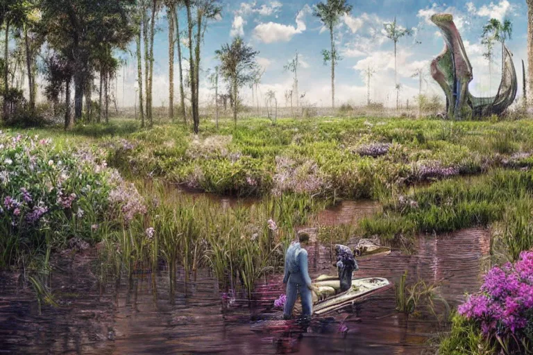 Image similar to hyperrealism, scene from louisiana swamps, starship, spring blooming flowers garden, true detective, 8 0 s japanese sci - fi books art