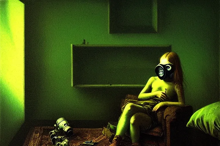 Image similar to girl with wearing a gas mask lying on the sofa reading a book in her room, in the style of beksinski, solarpunk, atmospheric, intricate and epic composition, green by caravaggio, insanely quality, highly detailed, masterpiece, blue light, artstation, 4 k