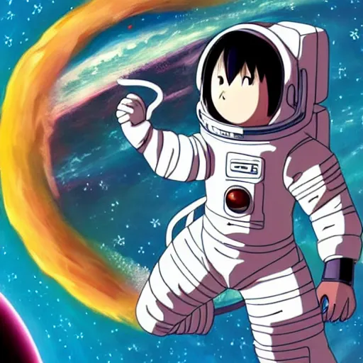 Prompt: an anime astronaut relaxing in space, manga character, anime, studio ghibli,