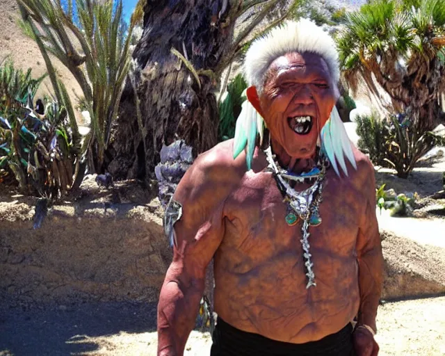 Prompt: wise zule elder has a sharp line of teeth. the zule tribal warrior like ice cream cones. sunny scene in southern california.