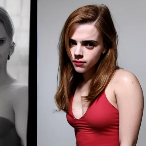 Image similar to a woman who is a genetic combination of scarlett johansson and emma watson face and upper - body focus