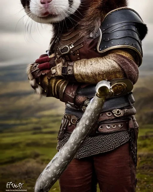 Image similar to ferret love warrior, furry, fantasy, viking, high detailed, hearts, photography, cloudy, lightweight leather armour, scandinavia, plain, detailed face, look into the distance, serious face, full body, in full growth, professional photographer, masterpiece, 5 0 mm, extremely detailed, digital art 8 k