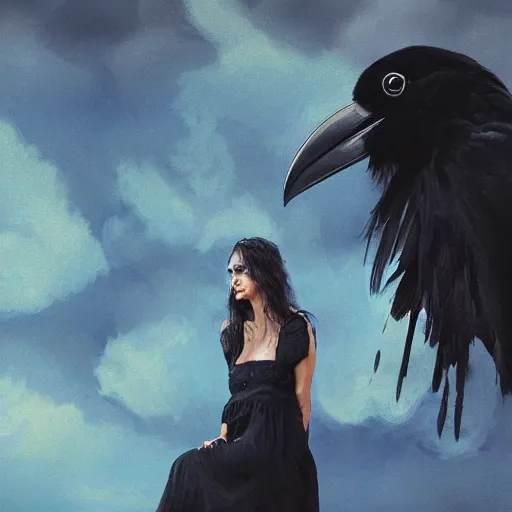 Image similar to morning, raven bird perching on the shoulder of a woman in a black dress. sun, cinematic, clouds, vogue cover style, copper and deep blue mood, realistic painting, intricate oil painting, high detail, figurative art, multiple exposure, poster art, 3 d, by simon bisley, ismail inceoglu, wadim kashin, filip hodas.