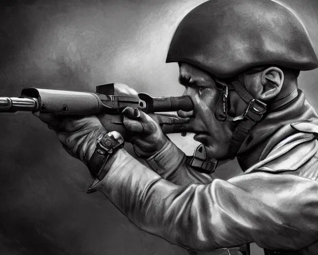 Image similar to A soldier aiming a gun, face in despair, world war 1, close-up, realistic face, beautiful face detail, mature facial features, black and white, amazing digital art, hyper detailed, artstation, in the style of Tony Sart