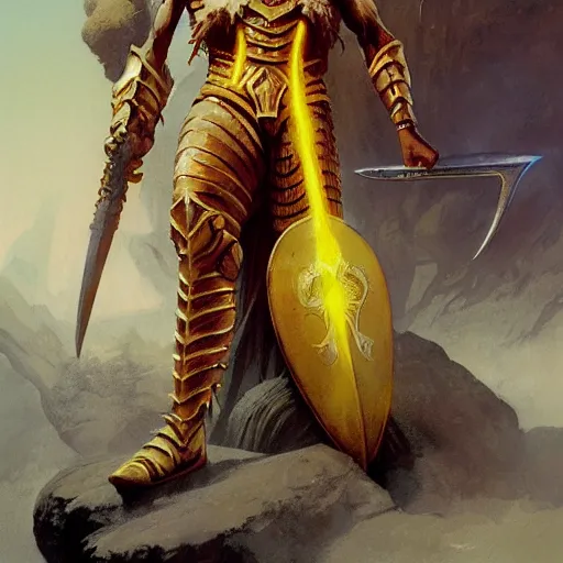 Image similar to ( ( ( quarter length portrait of a gaunt noseless yellow - skinned bald githyanki warrior in a breastplate, wielding a magical silver greatsword ) ) ), greg rutkowski, frank frazetta, alexandre chaudret, boris vallejo, michael whelan, miro petrov, magali villeneuve, donato giancola, d & d