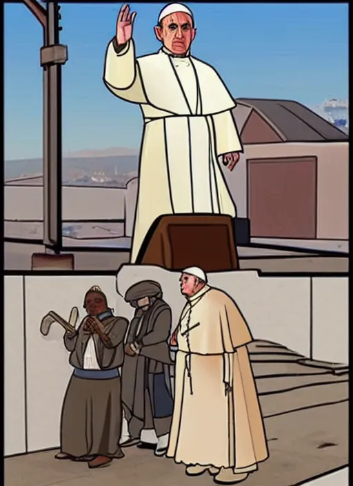 Image similar to The Pope as the main character on a GTA cover