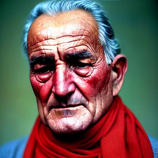 Image similar to portrait of president lyndon b johnson as afghan man, green eyes and red scarf looking intently, photograph by steve mccurry