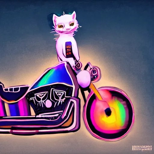 Image similar to wide angle full body, jacket wearing fluffy cute rainbow kitten wearing a black leather motorcycle jacket, riding on a motorcycle, cinematic concept art