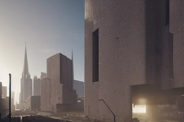 Image similar to streetscape, a towering cathedral of brutalist architecture, buildings covered with greebles, stunning volumetric light, sunset, metal, concrete and translucent material, stunning skies, majestic landscape, trending on Artstation, 8k, photorealistic, hyper detailed, unreal engine 5, IMAX quality, cinematic, epic lighting, in the style of Greg Rutkowski