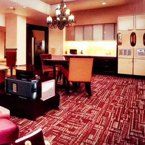 Image similar to a lavish las vegas hotel suite where sad geeks with computers are having a party with drinks, 1990s photograph