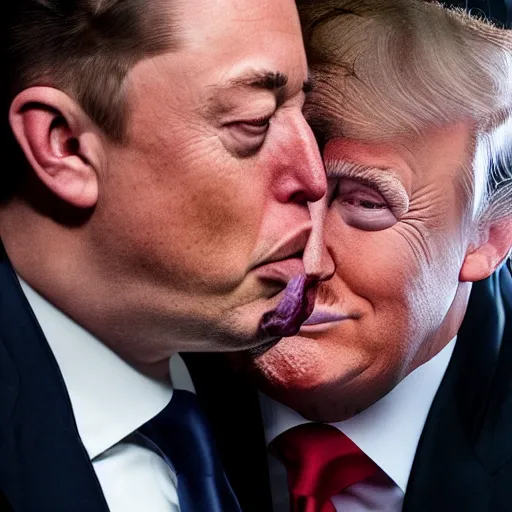 Prompt: close up of Donald Trump kissing Elon musk, 8k photo, in a studio,