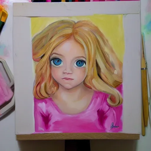Prompt: a little girl with blonde hair paints in her room, trending on artstation