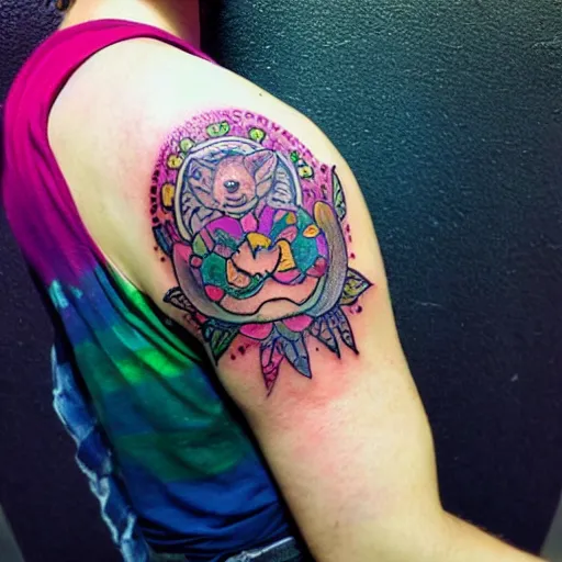 Image similar to shoulder tattoo of a meditating cute bush baby, eyes are sparkeling rainbow spirals, glowing multicolored chakra symbols, surrounded with colorful lotus leaves, insanely integrate