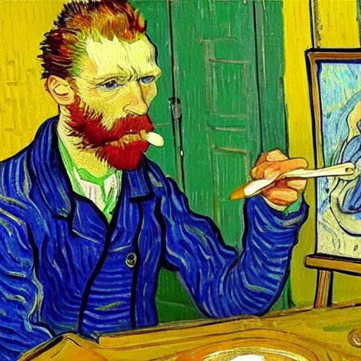 Prompt: french guy eating yogurt, painting, artwork by van gogh