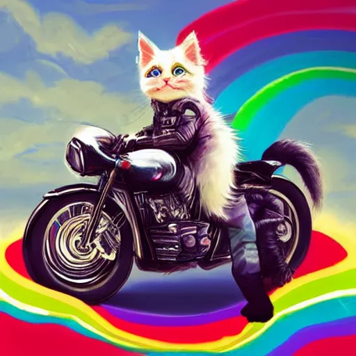 Image similar to wide angle full body, jacket wearing fluffy cute rainbow kitten wearing a black leather motorcycle jacket, riding on a motorcycle, cinematic concept art